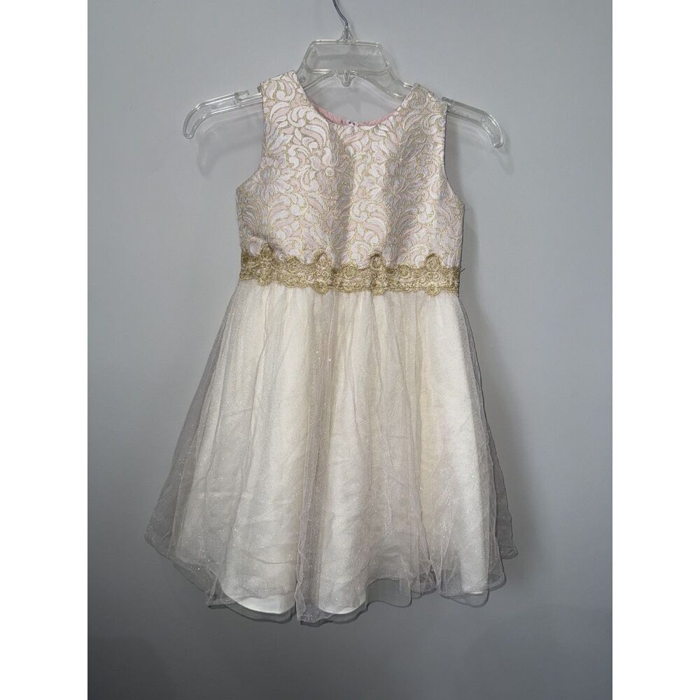 Girls Dress Brocade Tulle Pink Gold 7/8 Wedding Formal !